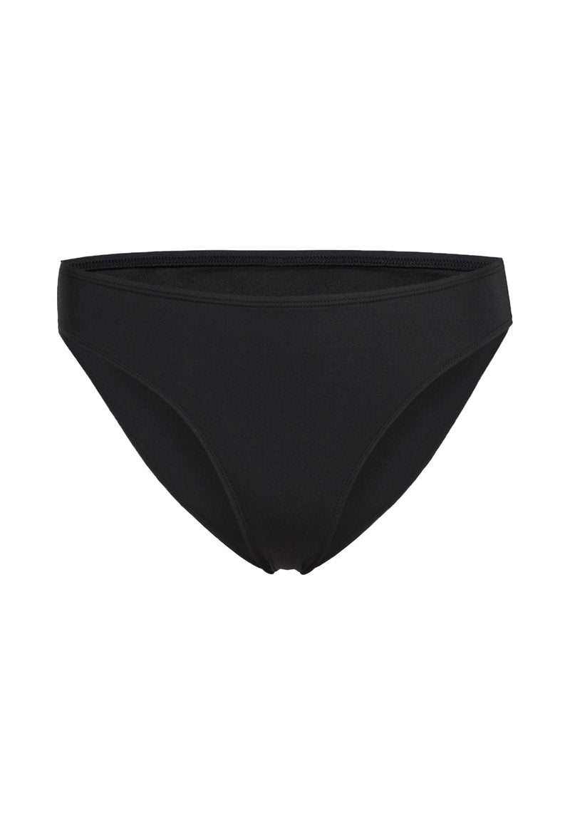 Schwarzer Bikini-Hosenboden aus glattem, dehnbarem Material; verfügt über eine niedrige Taille und nahtlose Kanten für einen bequemen Sitz.