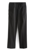 Schwarze gerade geschnittene Hosen aus glattem Stoff, mit zwei vorderen Taschen und einem flachen Bund. Minimalistisches Design, keine sichtbaren Muster.