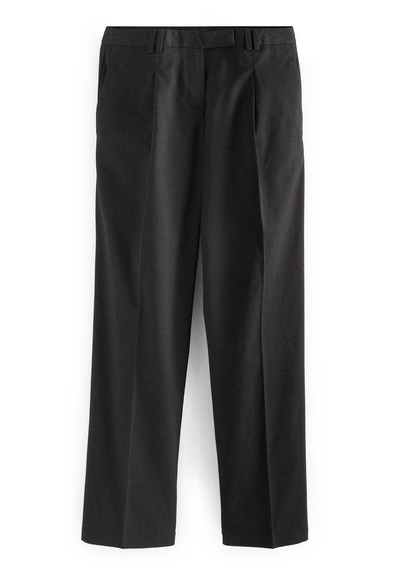 Schwarze gerade geschnittene Hosen aus glattem Stoff, mit zwei vorderen Taschen und einem flachen Bund. Minimalistisches Design, keine sichtbaren Muster.