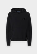 Schwarzer Kapuzenpullover mit Kängurutasche vorne und kleinem weißem "Abercrombie"-Logo auf der linken Brust.