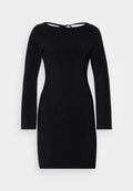 Schwarzes langärmeliges Kleid mit schmaler Silhouette, runder Ausschnitt und einer Krawatte-Rückseite, das eine subtile strukturierte Schimmer-Oberfläche aufweist.