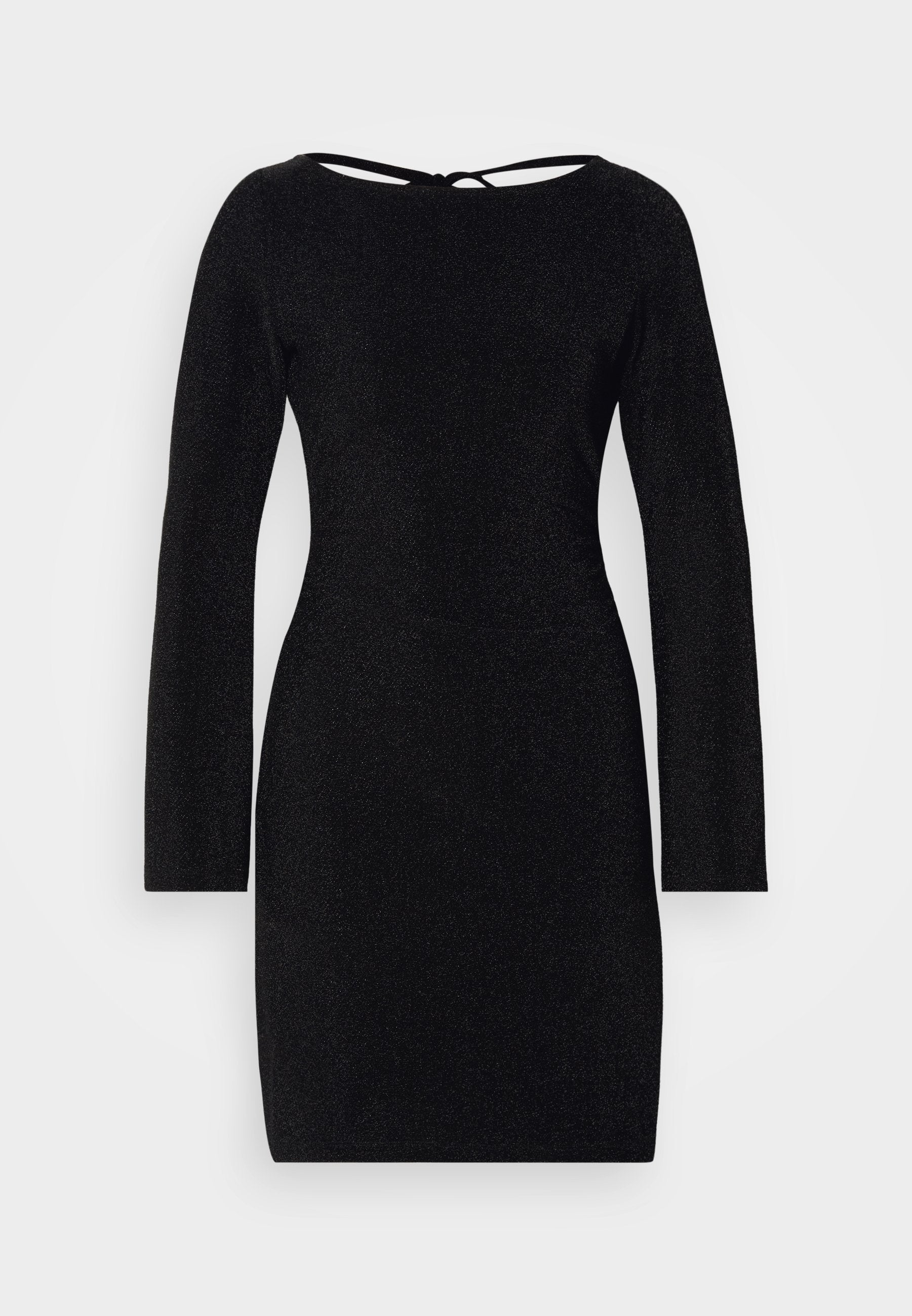 Schwarzes langärmeliges Kleid mit schmaler Silhouette, runder Ausschnitt und einer Krawatte-Rückseite, das eine subtile strukturierte Schimmer-Oberfläche aufweist.