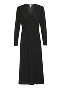 Schwarzes langärmliges Kleid mit V-Ausschnitt, das ein strukturiertes Blattmuster aufweist, eine taillierte Taille hat und einen fließenden Rock besitzt, der unter das Knie fällt.