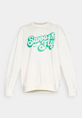 Weißer Pullover mit gerippten Bündchen und Saum. Auf der Vorderseite befindet sich ein großes grünes "Swoosh Fly"-Grafik. Hergestellt aus weichem Material.