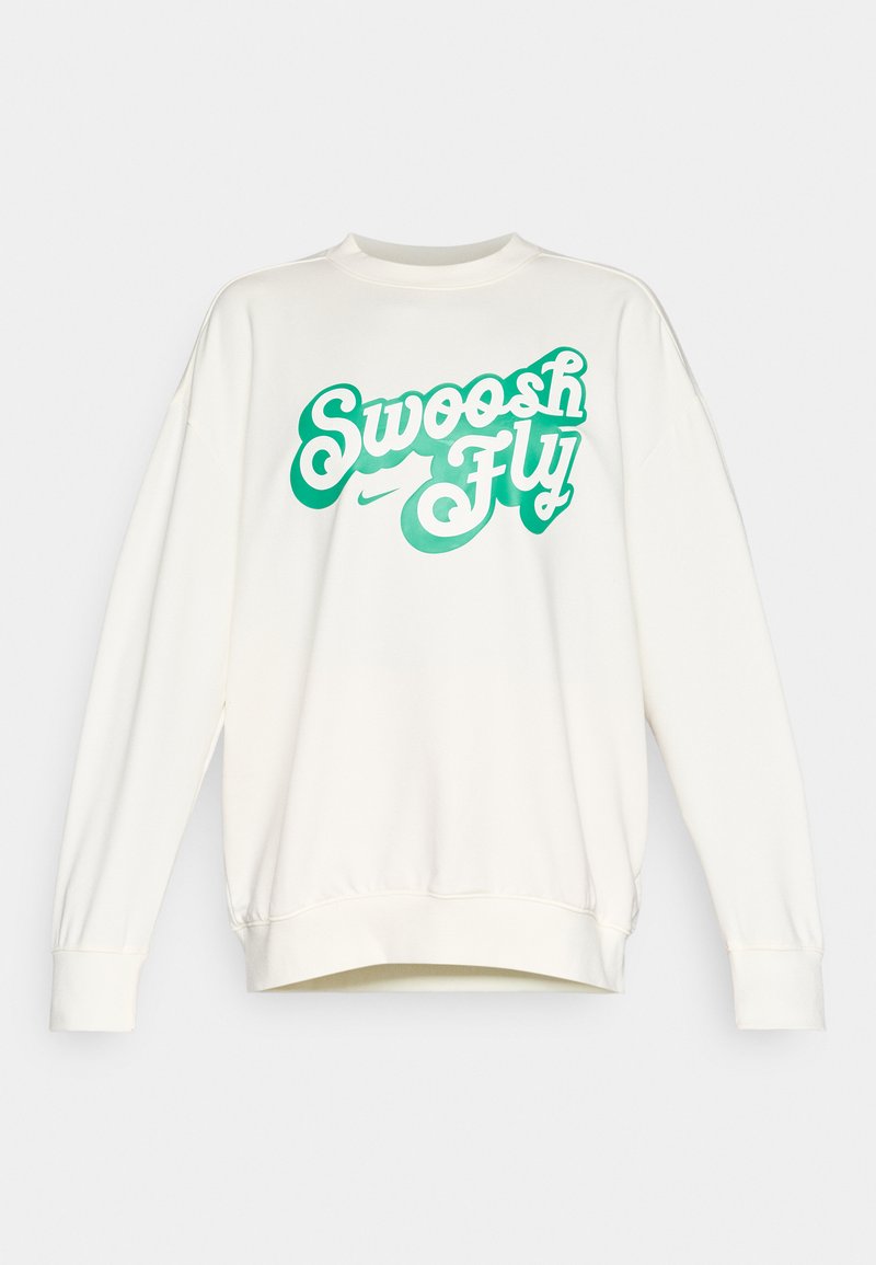 Weißer Pullover mit gerippten Bündchen und Saum. Auf der Vorderseite befindet sich ein großes grünes "Swoosh Fly"-Grafik. Hergestellt aus weichem Material.