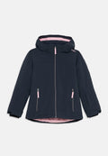 Marineblau wasserabweisende Jacke mit pinkem Innenfutter, verstellbarem Kapuzen, Frontreißverschluss und zwei mit pinken Akzenten versehenen Reißverschlusstaschen.