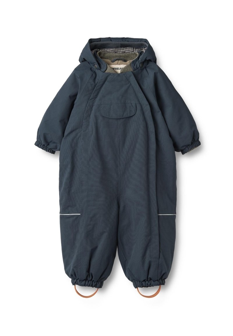 Marineblauer Kinderschneeanzug mit Kapuze, elastischen Bündchen, Fronttasche und kontrastierendem Innenfutter, ausgestattet mit reflektierenden Akzenten.