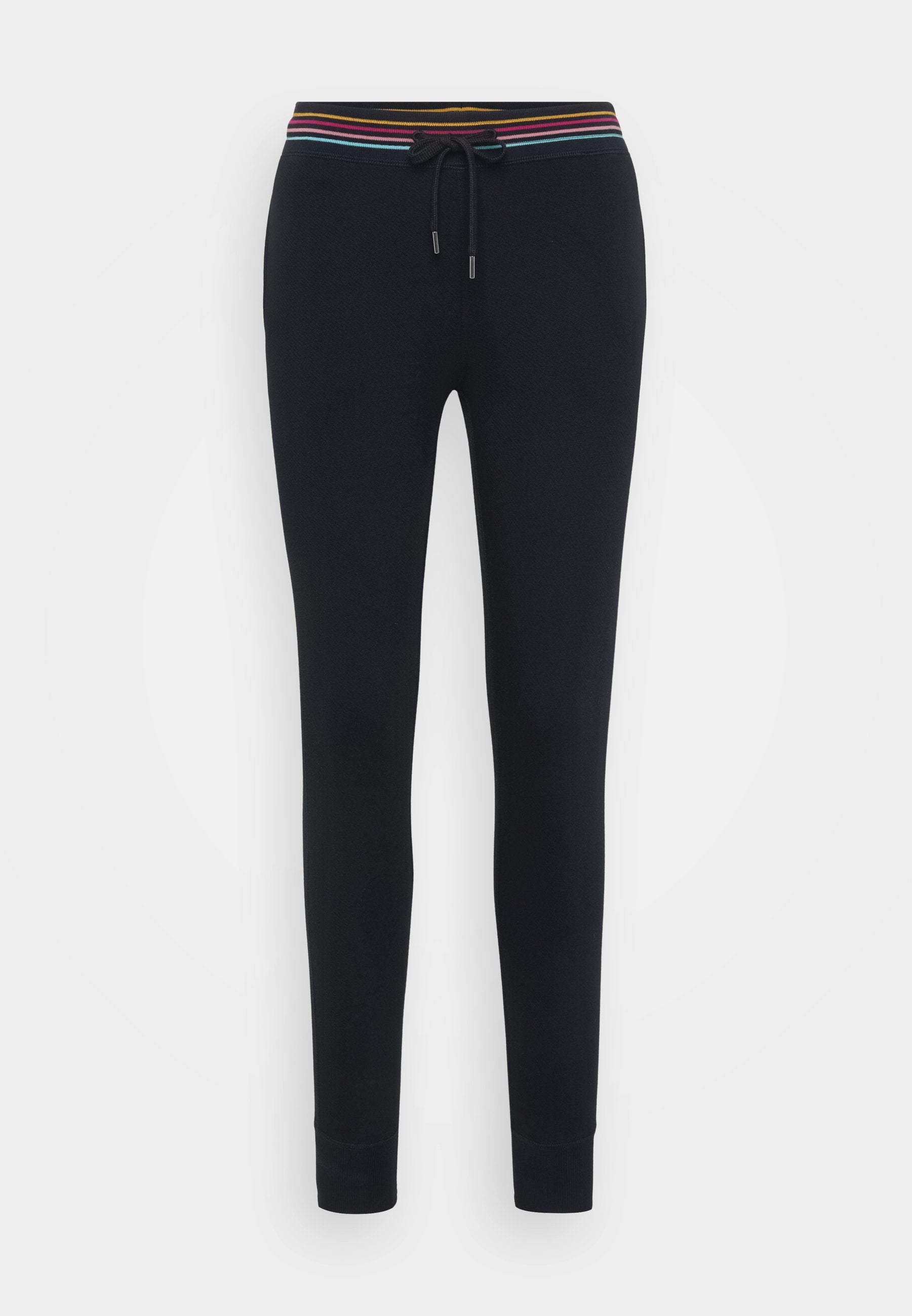 Schwarze Jogginghose mit einem gestreiften elastischen Bund, Kordelzug und schmalen Bündchen an den Knöcheln. Weicher Stoff mit einer glatten Textur.
