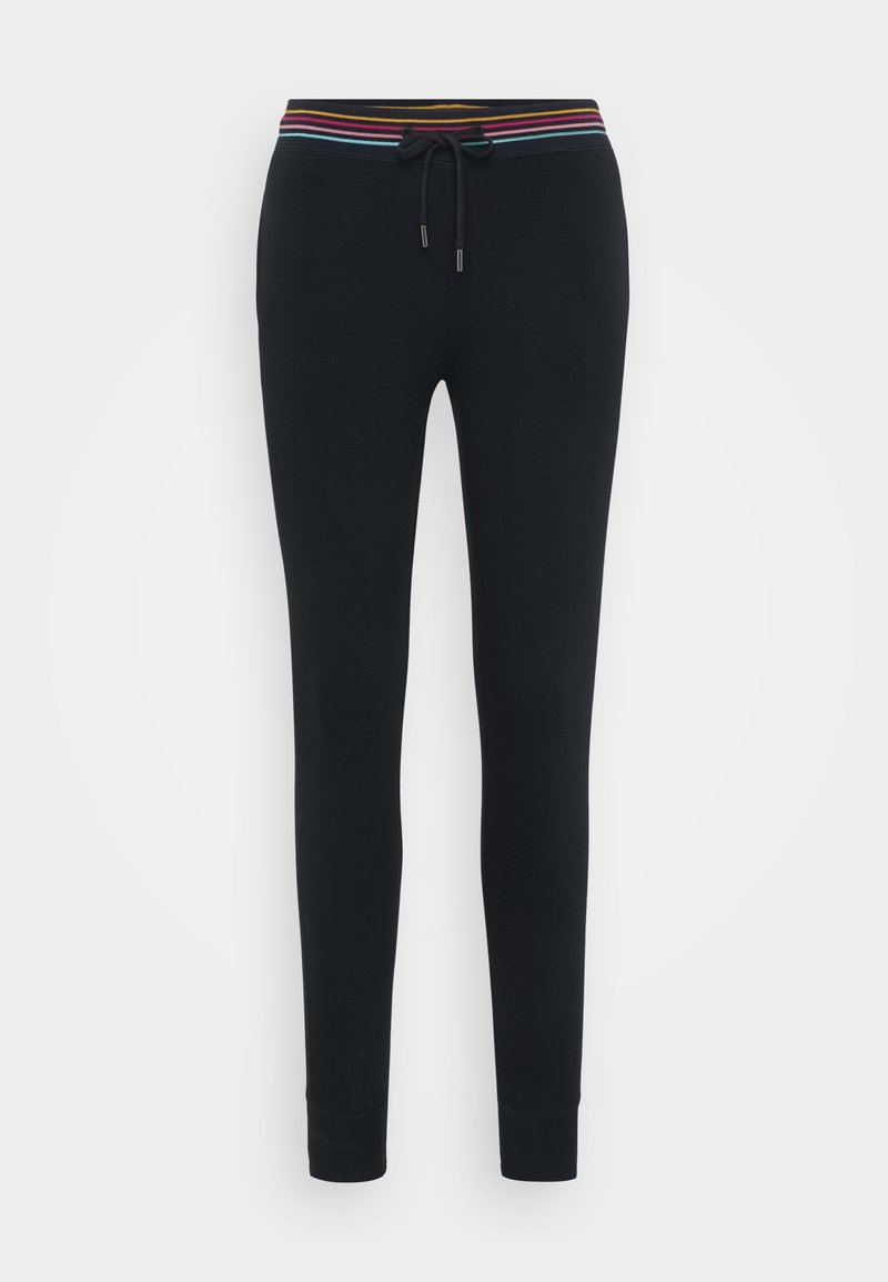 Schwarze Jogginghose mit einem gestreiften elastischen Bund, Kordelzug und schmalen Bündchen an den Knöcheln. Weicher Stoff mit einer glatten Textur.