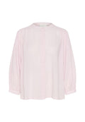 Helle rosa Bluse mit langen Puffärmeln, vorderem Knopfverschluss und subtiler Pünktchenstruktur. Rundhalsausschnitt und lockere Passform.