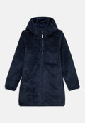 Navyblauer, langärmeliger Fleece-Hoodie mit durchgehendem Frontreißverschluss und Seitentaschen, aus weichem, flauschigem Material.