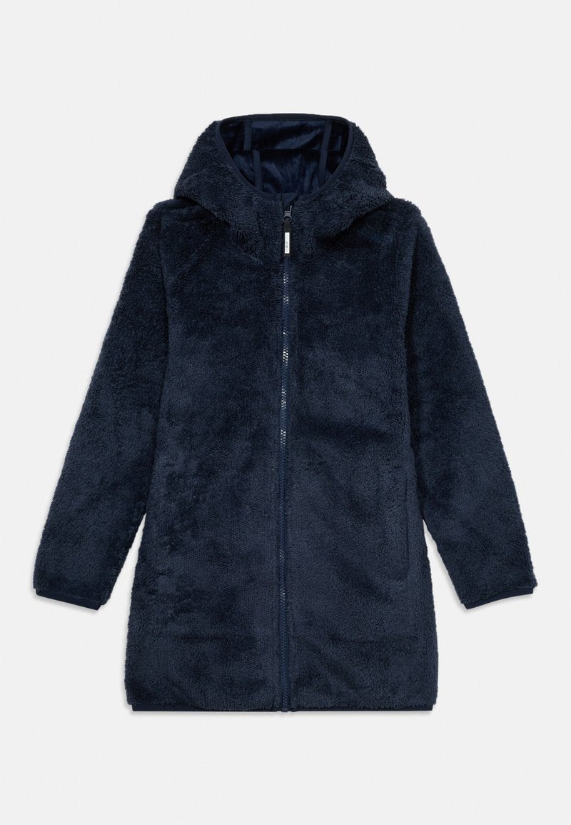 Navyblauer, langärmeliger Fleece-Hoodie mit durchgehendem Frontreißverschluss und Seitentaschen, aus weichem, flauschigem Material.
