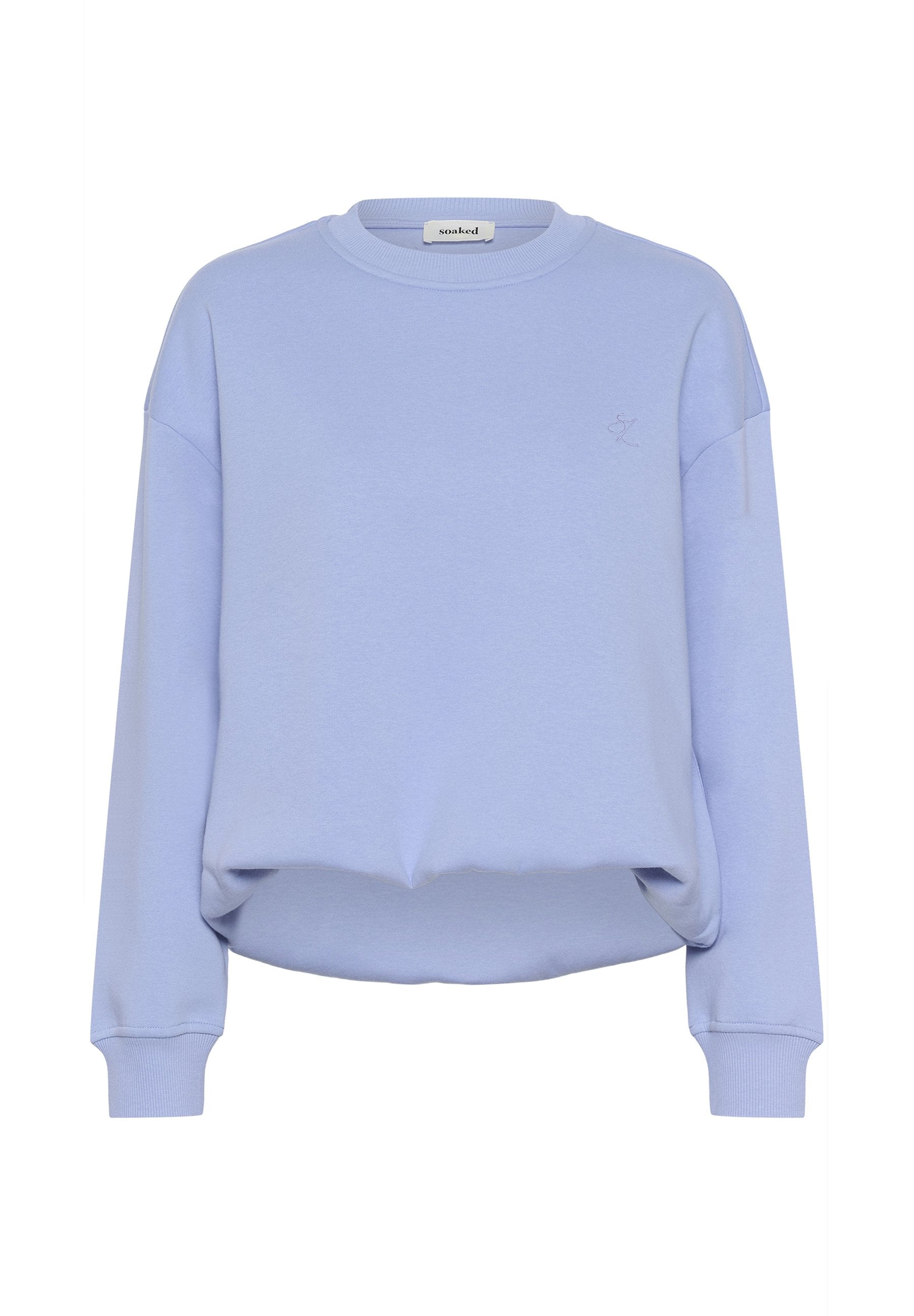 Hellblaue Sweatshirt aus weichem Material, mit Rundhalsausschnitt, überschnittenen Schultern und lässiger Passform mit minimalistischem Stickerei.