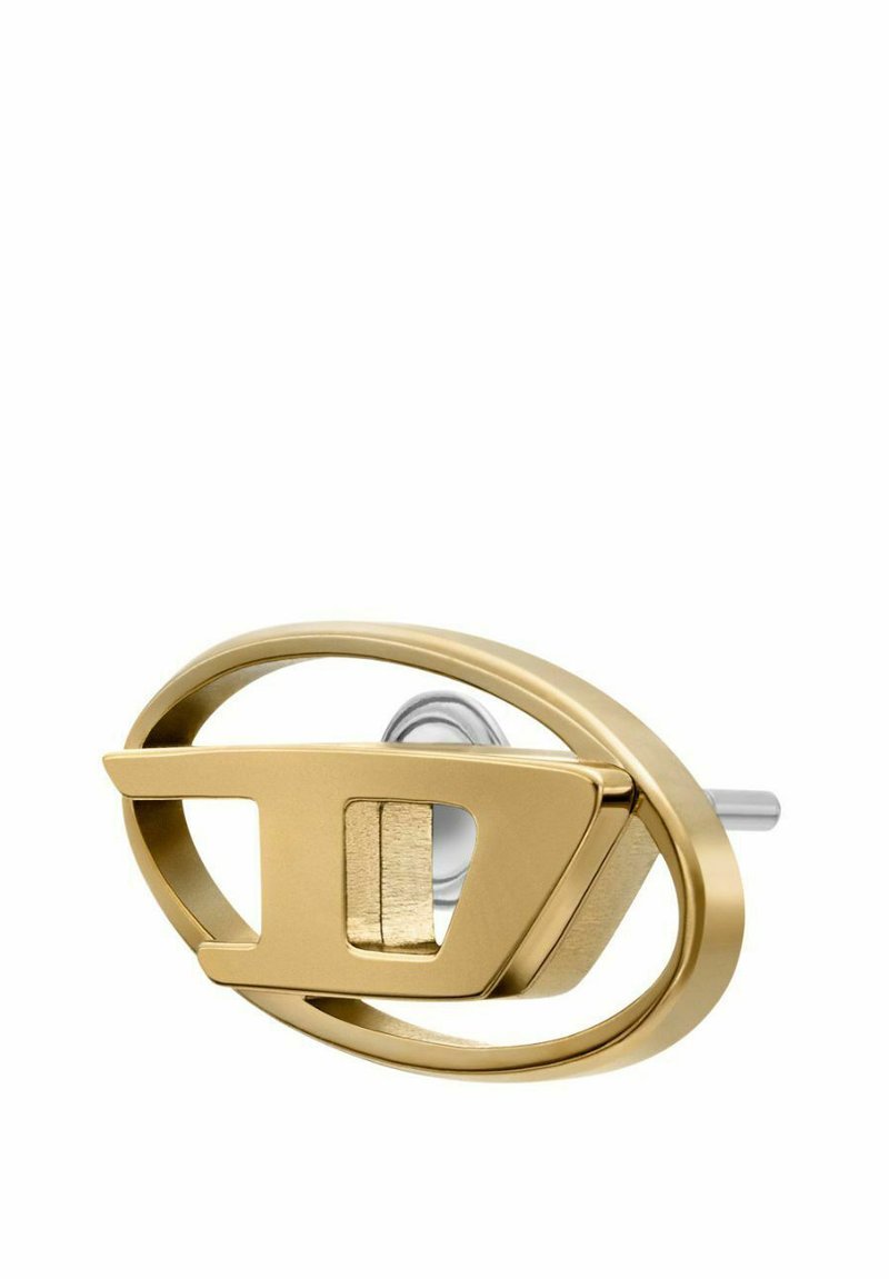 Goldener Metall-Anstecker in ovaler Form, mit einem ausgeschnittenen Design und einem auffälligen flachen Akzent. Glatte Oberfläche mit polierter Oberfläche.