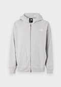Grauer Reißverschluss-Hoodie mit großer Fronttasche, gerippten Bündchen und Kapuze. Das Logo von The North Face ist auf der linken Brustseite angebracht.