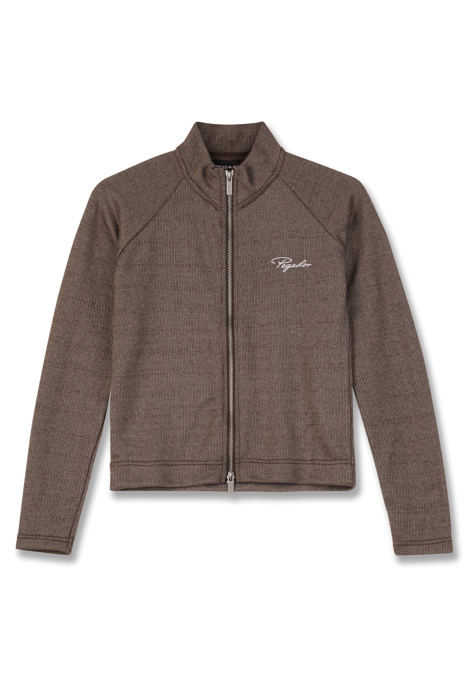 Braune Jacke mit Reißverschluss aus geripptem Stoff, mit einem hohen Kragen, langen Ärmeln und einem kleinen weißen Logo auf der linken Seite.