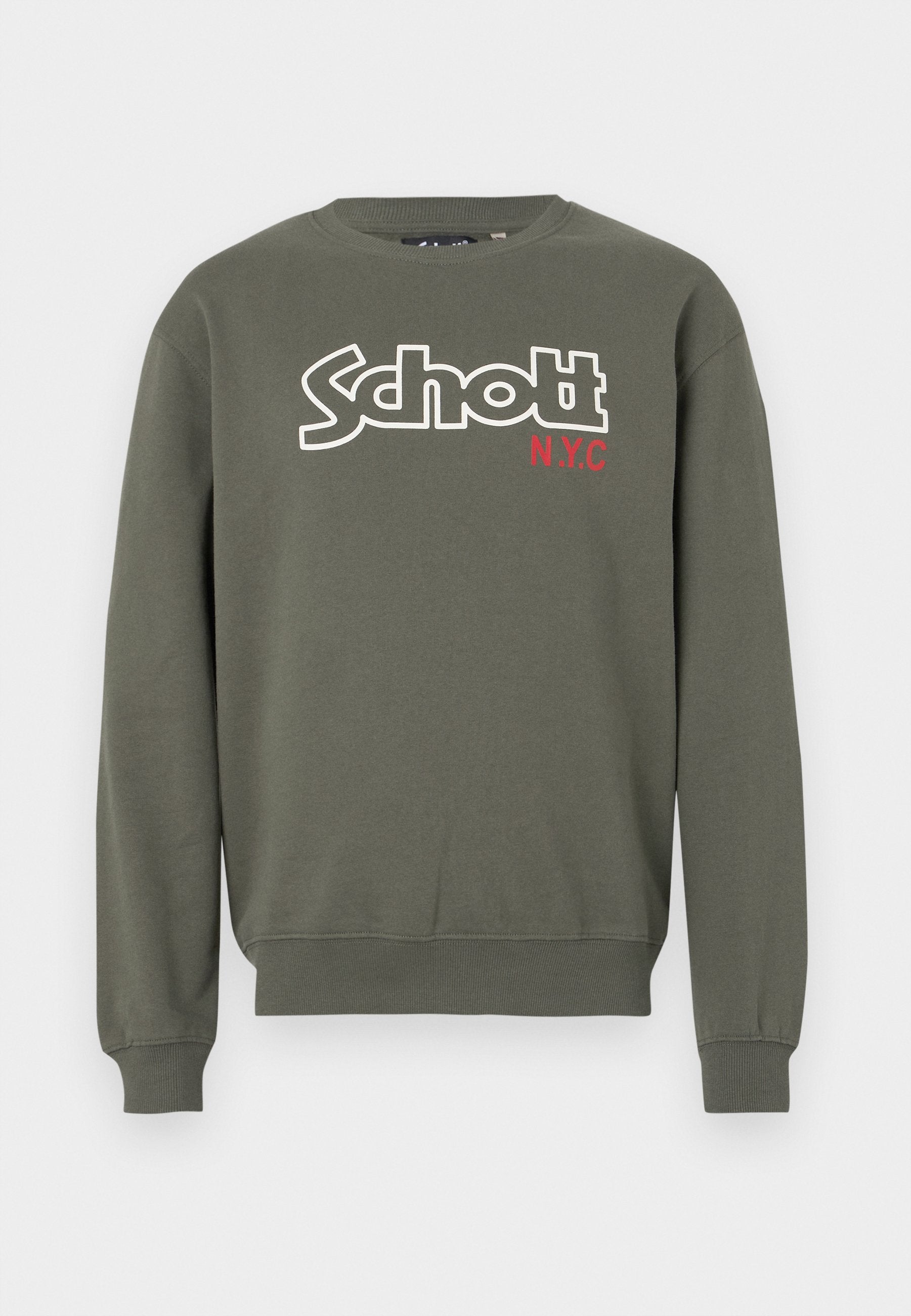Olivgrüner Sweatshirt aus weichem Stoff, mit Rundhalsausschnitt, langen Ärmeln und einem großen weißen Textlogo mit roten Akzenten auf der Brust.