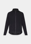 Schwarze Fleecejacke mit hohem Kragen, durchgehendem Reißverschluss und zwei seitlichen Reißverschlusstaschen. Verfügt über eine strukturierte Oberfläche und einen abgerundeten Saum.