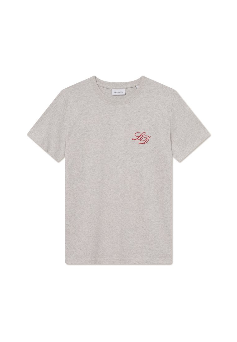 Graues Baumwoll-T-Shirt mit Rundhalsausschnitt, kurzen Ärmeln und kleinem roten "LD"-Logo auf der linken Brustseite. Glatte Textur, simples Design.