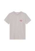 Graues Baumwoll-T-Shirt mit Rundhalsausschnitt, kurzen Ärmeln und kleinem roten "LD"-Logo auf der linken Brustseite. Glatte Textur, simples Design.