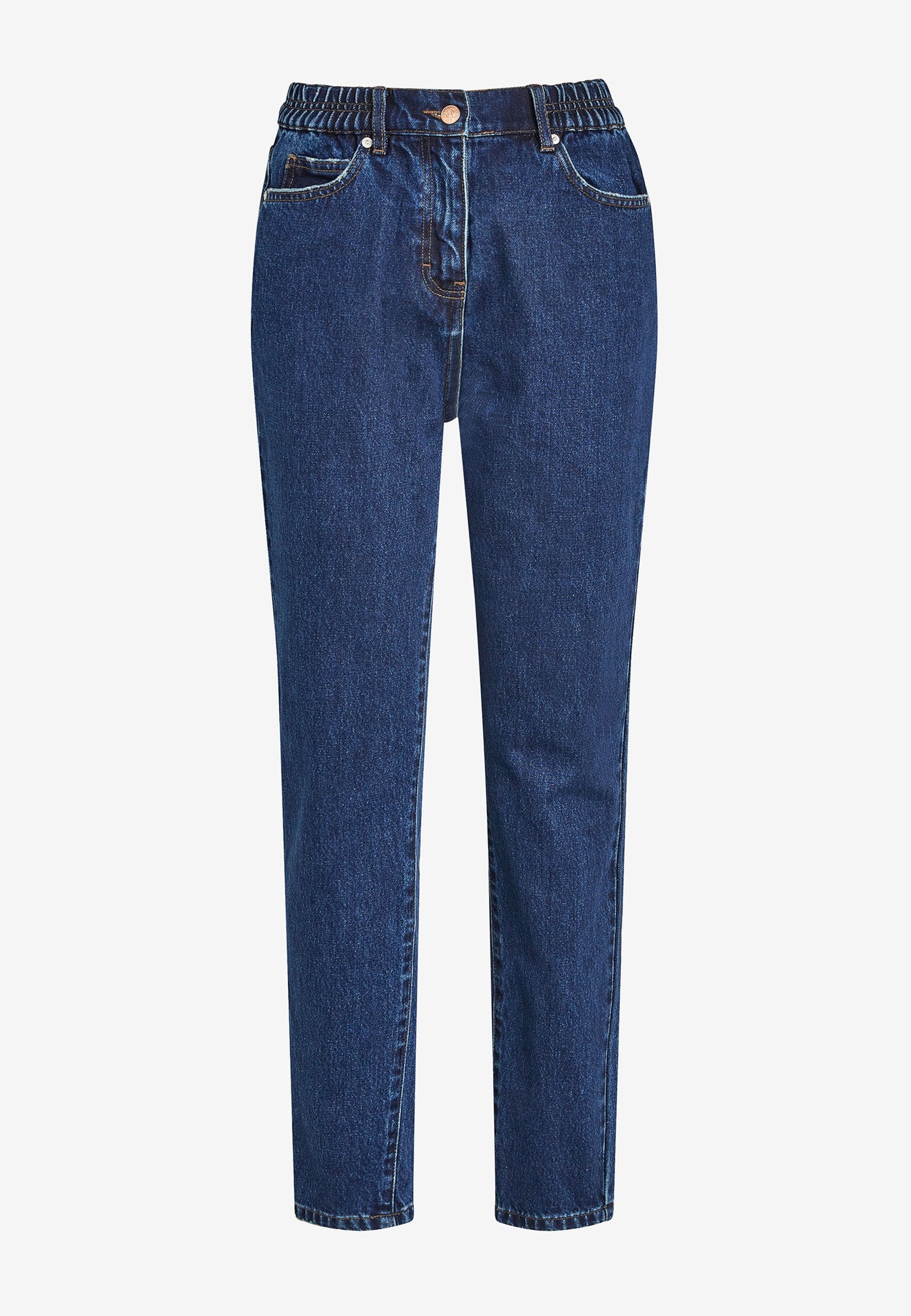 Jeans aus Denim mit einer dunkelblauen Wäsche, elastischem Bund und klassischem Fünf-Taschen-Design. Verfügt über kontrastierende Nähte und eine schmal zulaufende Beinform.