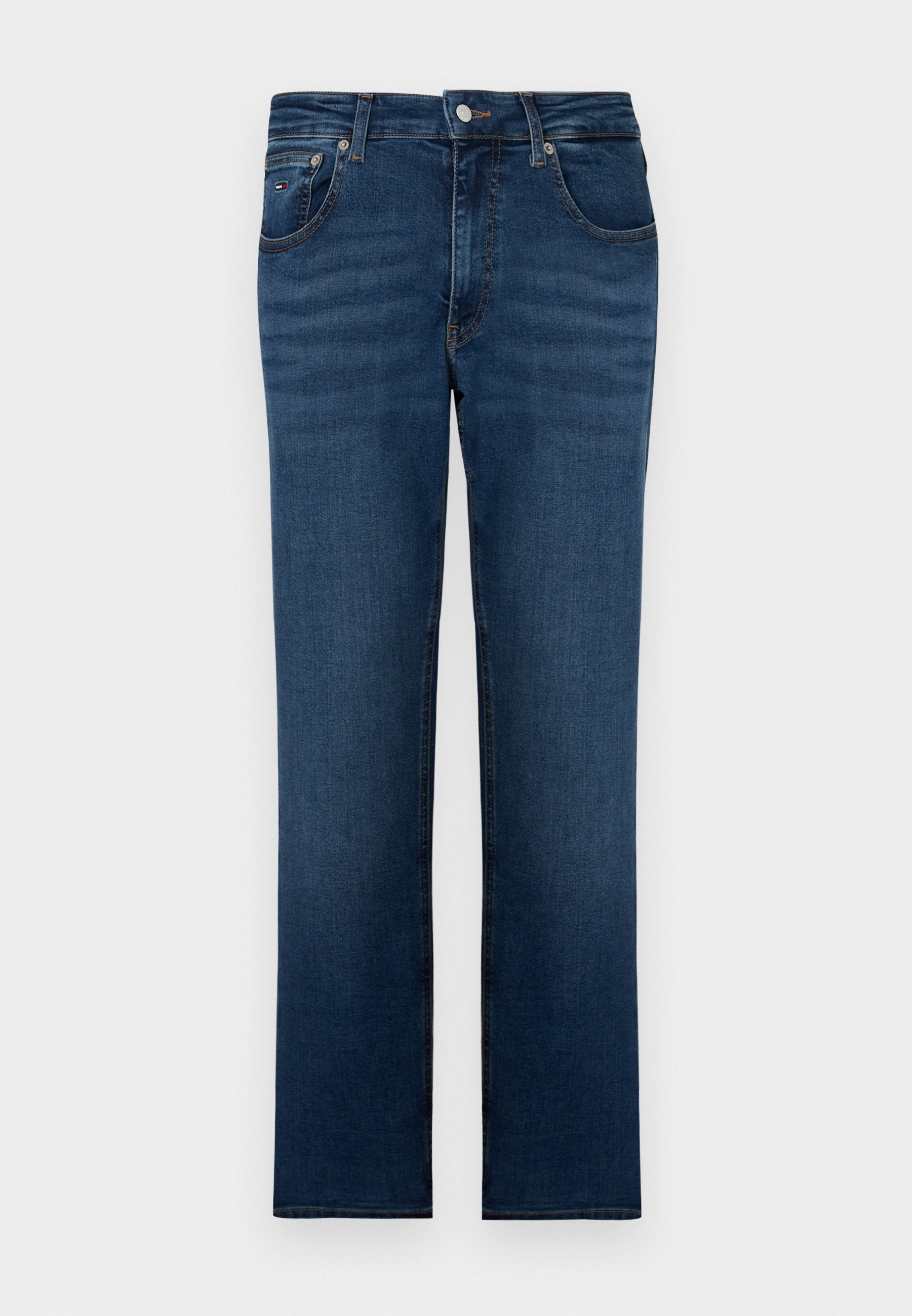 Dunkelblaue Jeans aus Denim mit geradem Bein, fünf Taschen und dezentem Stitching. Metallknopfverschluss am Bund. Gleichmäßige Textur.