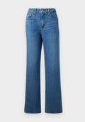 Blaue High-Waist-Denim-Jeans mit geradem Bein, vorderen und hinteren Taschen, Gürtelschlaufen sowie Knopf- und Reißverschluss.