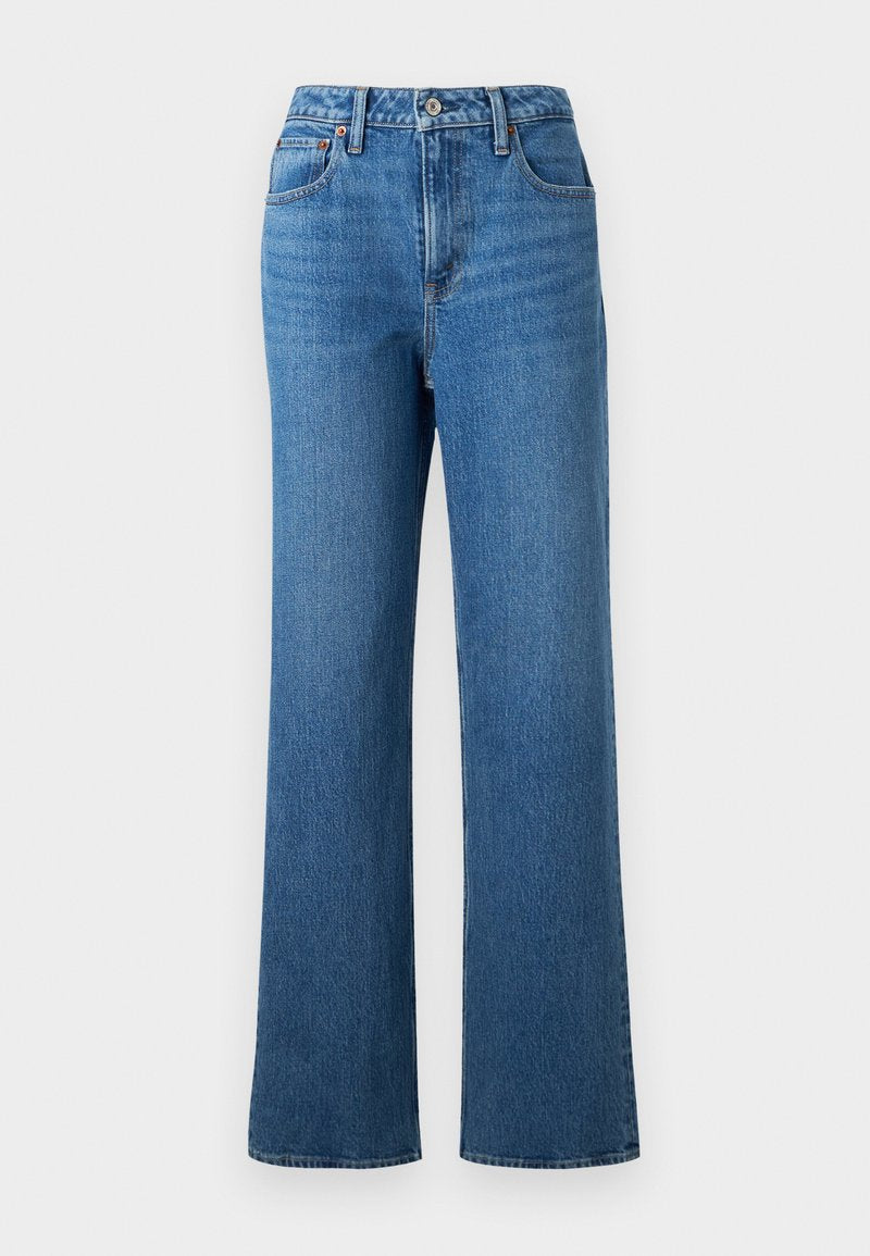 Blaue High-Waist-Denim-Jeans mit geradem Bein, vorderen und hinteren Taschen, Gürtelschlaufen sowie Knopf- und Reißverschluss.
