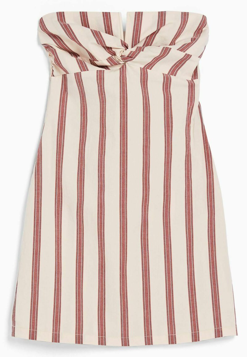 Trägerloses Kleid in Creme mit vertikalen roten Streifen. Verfügt über ein geknotetes Oberteil-Design und eine gerade Silhouette. Hergestellt aus leichtem Stoff.