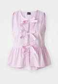 Gestreiftes ärmelloses Top in Rosa und Weiß mit einem Peplum-Saum, das drei vordere Schleifen und einen abgerundeten Ausschnitt aufweist. Leichter Stoff.