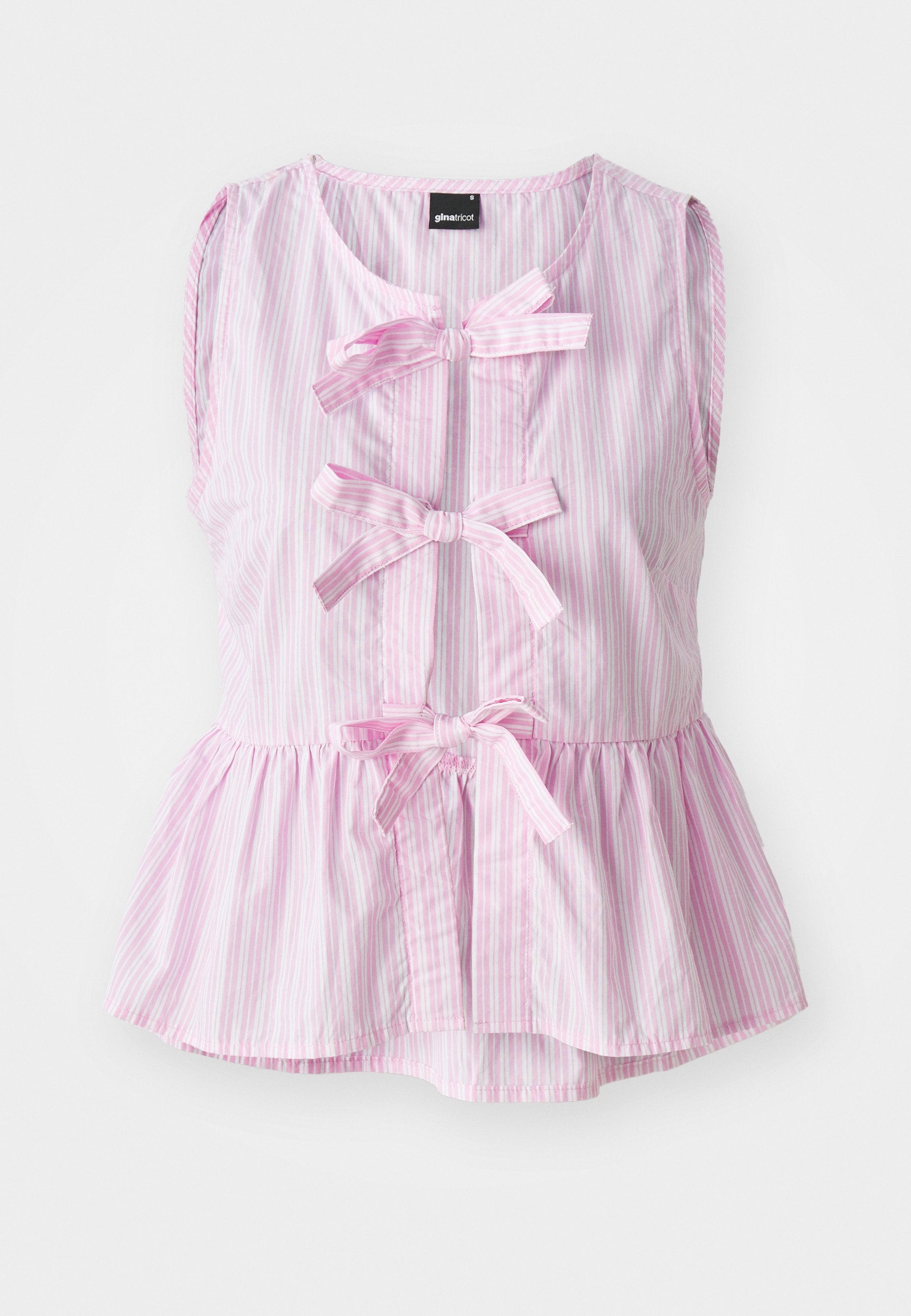 Gestreiftes ärmelloses Top in Rosa und Weiß mit einem Peplum-Saum, das drei vordere Schleifen und einen abgerundeten Ausschnitt aufweist. Leichter Stoff.