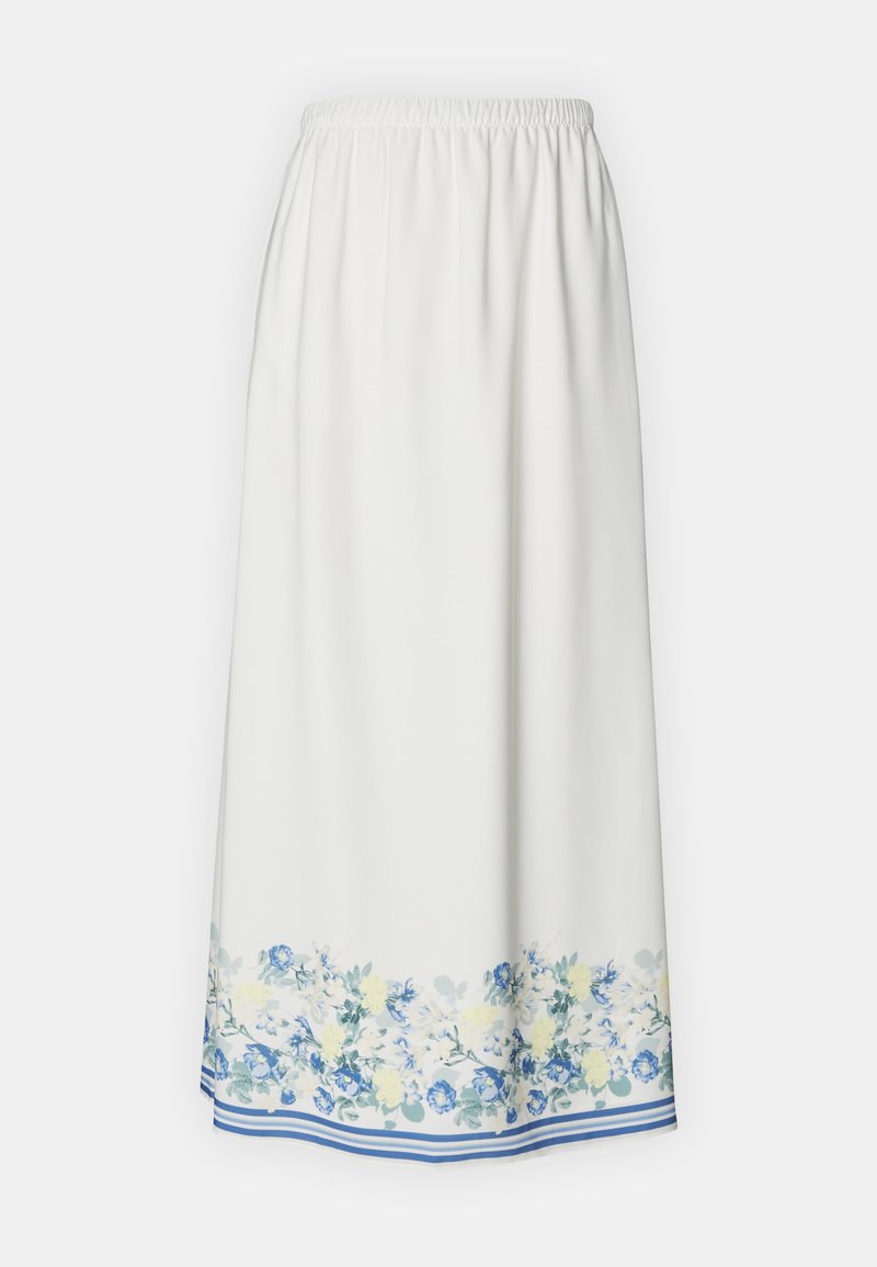 Weiße lange Bluse mit einem elastischen Bund, versehen mit einem floralen Muster in Blau und Gelb am Saum, akzentuiert mit blauen Streifen.