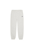 Hellgraue Jogginghose mit elastischem Bund und Bündchen, mit Seitentaschen und einem kleinen blauen Logotag am linken Oberschenkel.