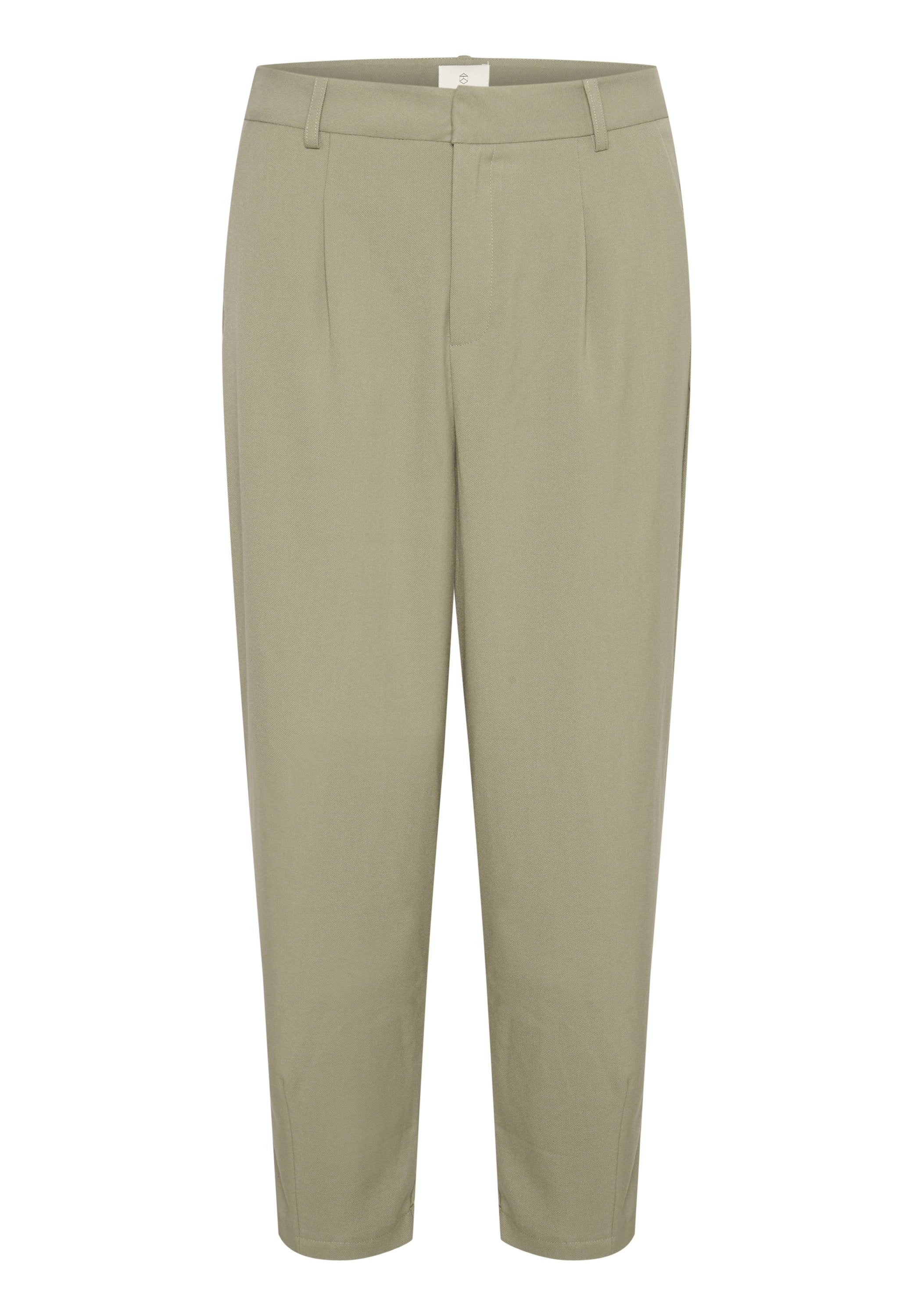 Helle olivgrüne, maßgeschneiderte Hose mit gerader Passform, zwei vorderen Falten, Seitentaschen und glatter Textur.