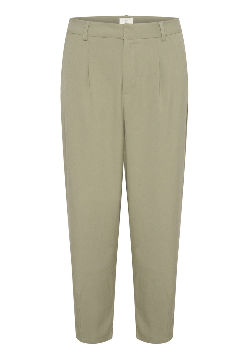 Helle olivgrüne, maßgeschneiderte Hose mit gerader Passform, zwei vorderen Falten, Seitentaschen und glatter Textur.