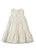 Weißes Kleid mit einem floralen Muster in Pink und Grün, ärmelloses Design, gestufte Rüschensäume am Saum und runder Ausschnitt.