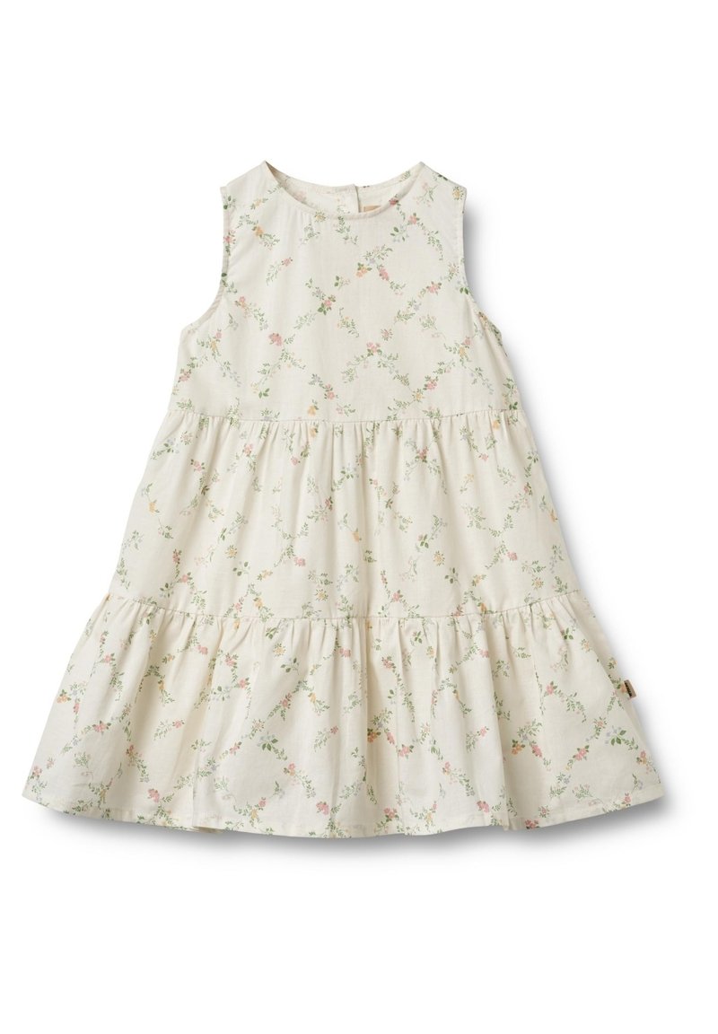 Weißes Kleid mit einem floralen Muster in Pink und Grün, ärmelloses Design, gestufte Rüschensäume am Saum und runder Ausschnitt.