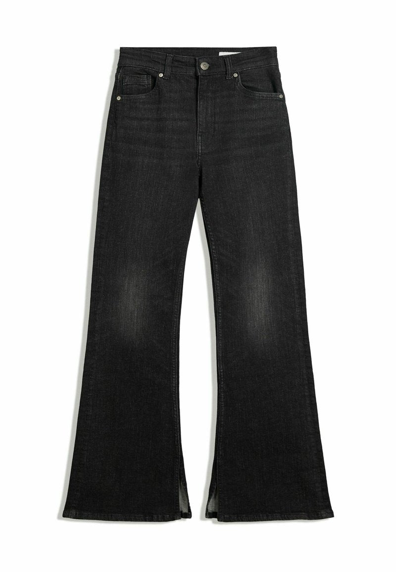 Schwarze, ausgestellte Jeans aus Denim mit hoher Taille, Fronttaschen und Schlitzöffnungen am Saum für eine lässige Passform.