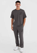 Grauer Baumwoll-T-Shirt und Sweatpants-Set mit dem Logo "The Future Surf Society", Rundhalsausschnitt, lockere Passform, kombiniert mit weißen Sneakers.