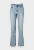 Hellblaue Jeans mit hoher Taille, geradem Bein und leichter Ausstellung am Saum. Ausgestattet mit Gürtelschlaufen sowie Vorder- und Hintertaschen.