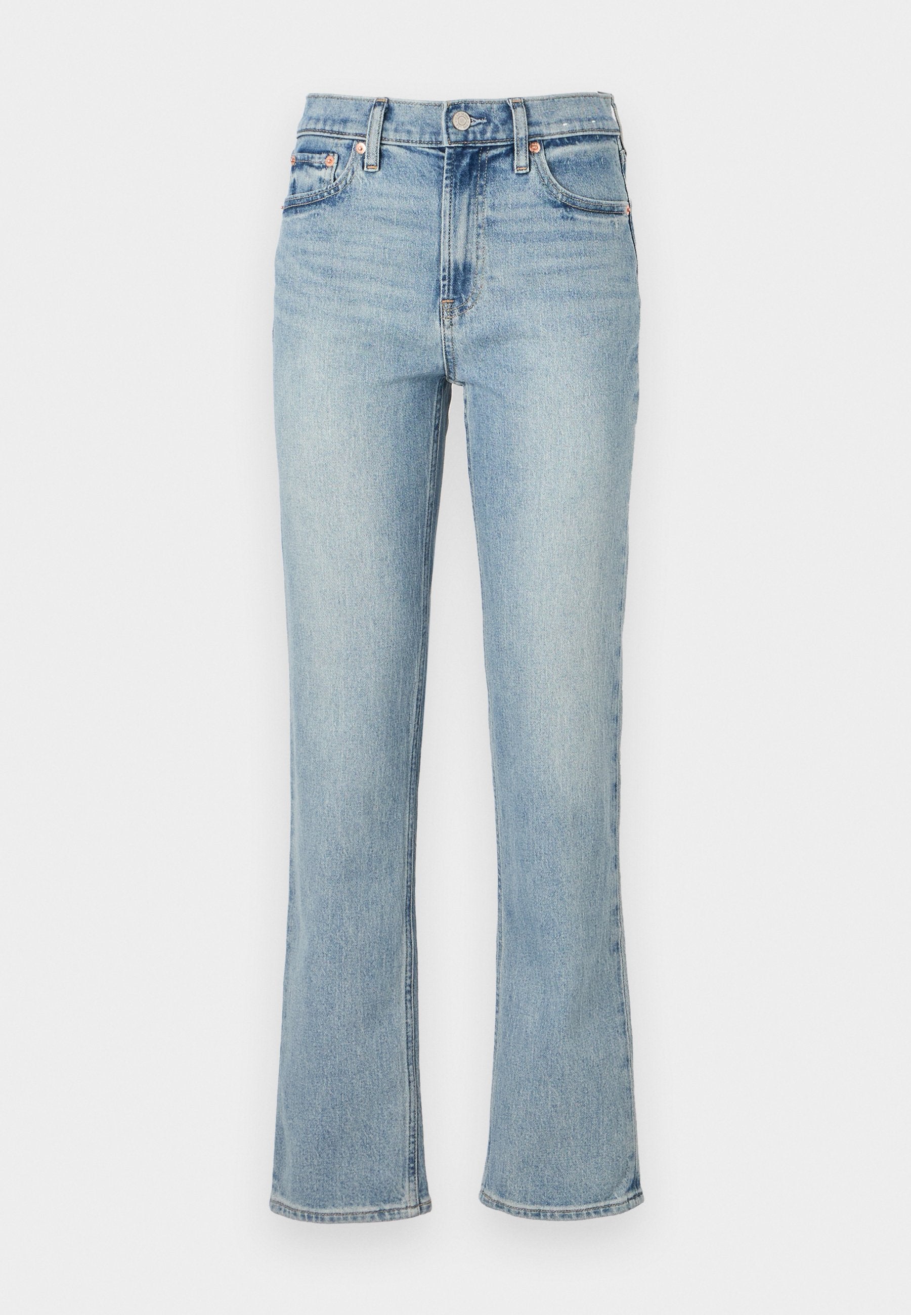 Hellblaue Jeans mit hoher Taille, geradem Bein und leichter Ausstellung am Saum. Ausgestattet mit Gürtelschlaufen sowie Vorder- und Hintertaschen.