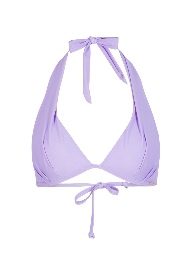 Lavender-Bikini-Oberteil mit Halterneck-Design, ausgestattet mit Bindebändern am Hals und am Rücken sowie einem glatten, dehnbaren Stoff.
