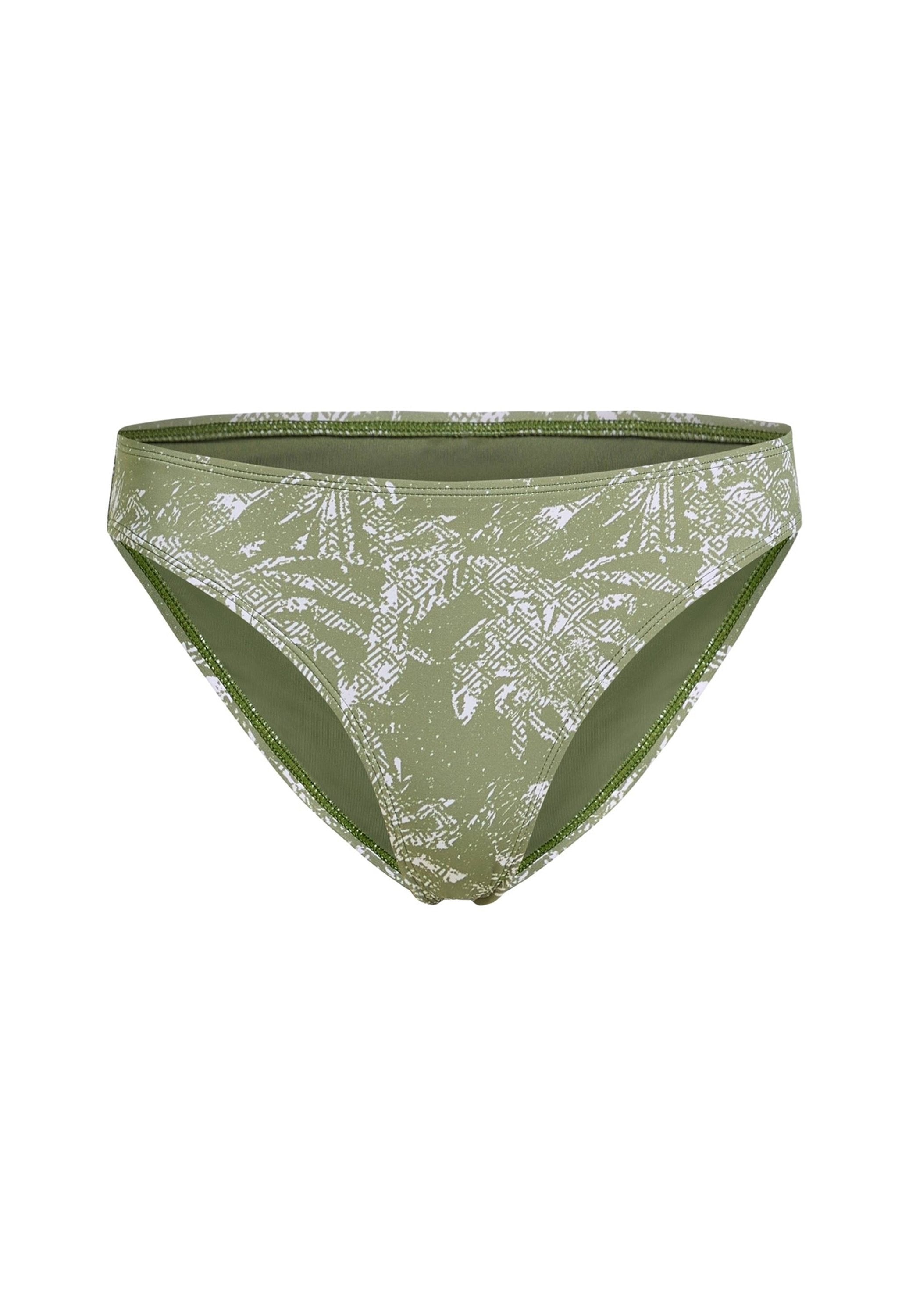 Grüner Bikini-Unterteil mit einem weißen abstrakten Muster. Hergestellt aus glattem Stoff mit enger Passform und elastischem Bund.