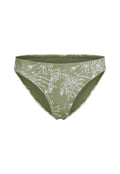 Grüner Bikini-Unterteil mit einem weißen abstrakten Muster. Hergestellt aus glattem Stoff mit enger Passform und elastischem Bund.