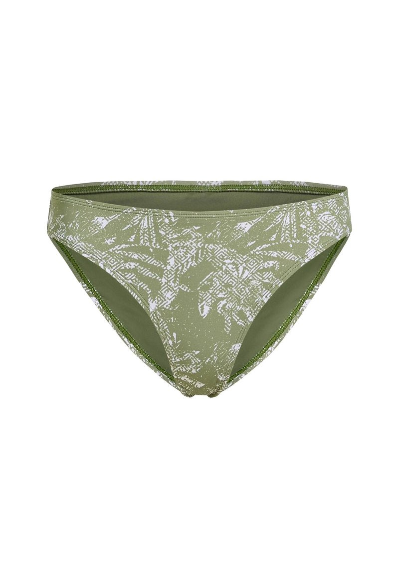 Grüner Bikini-Unterteil mit einem weißen abstrakten Muster. Hergestellt aus glattem Stoff mit enger Passform und elastischem Bund.