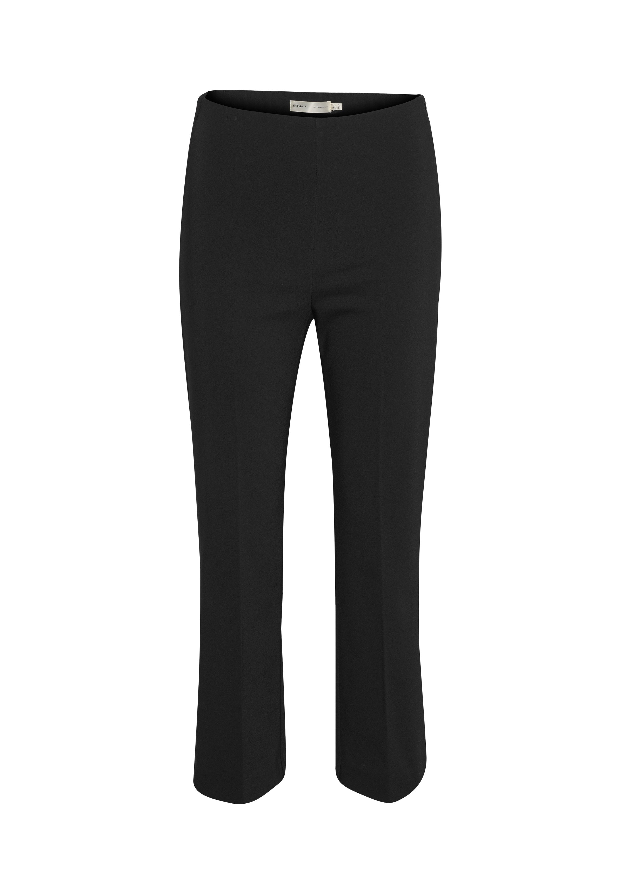 Schwarze Stretch-Hosen mit geradem Bein, glatt und ohne sichtbare Hardware oder Verzierungen. Atmungsaktiver Stoff.