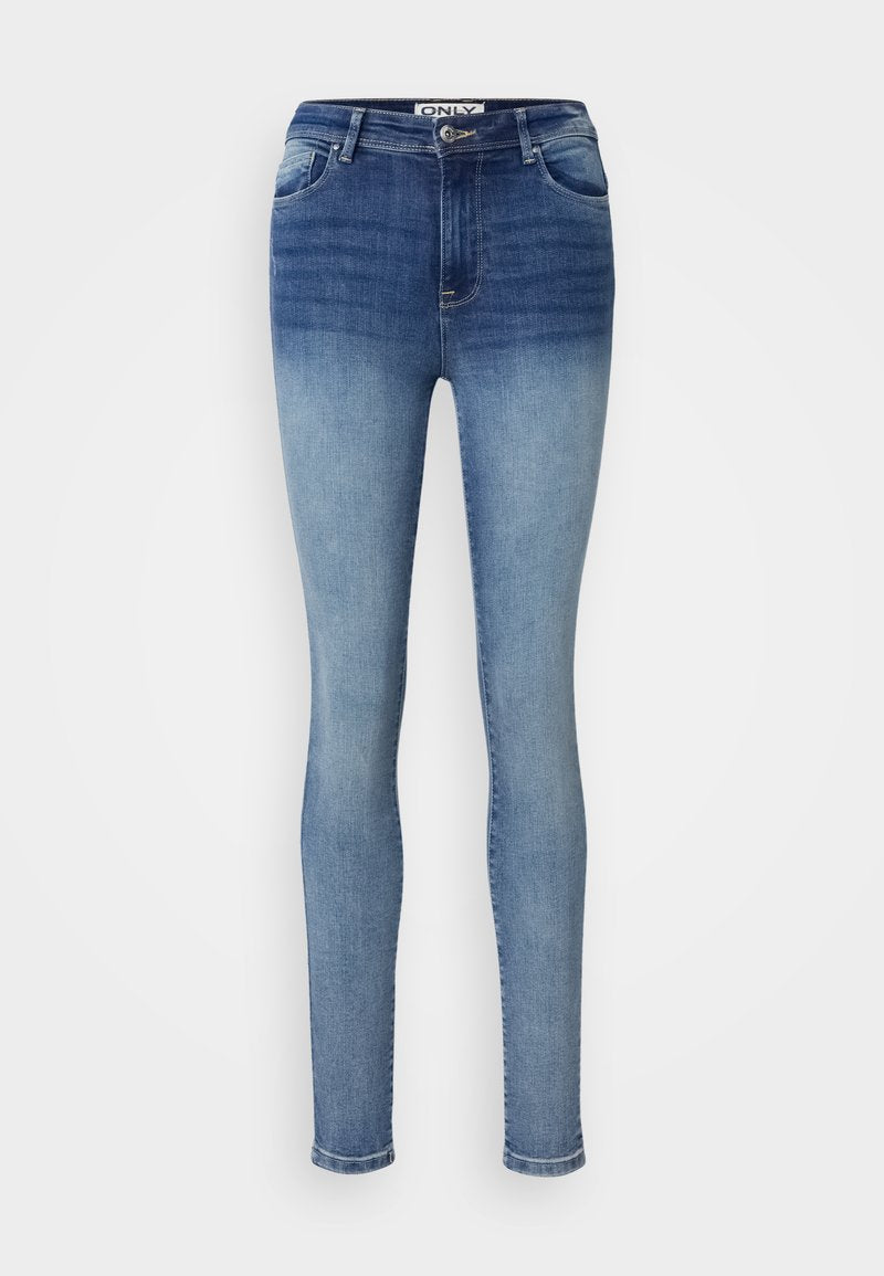 Enges Jeans im hellen Denim mit einem Ombre-Effekt von Dunkelblau zu Hellblau. Verfügt über fünf Taschen und Gürtelschlaufen, mit dezenten Auswaschungen.