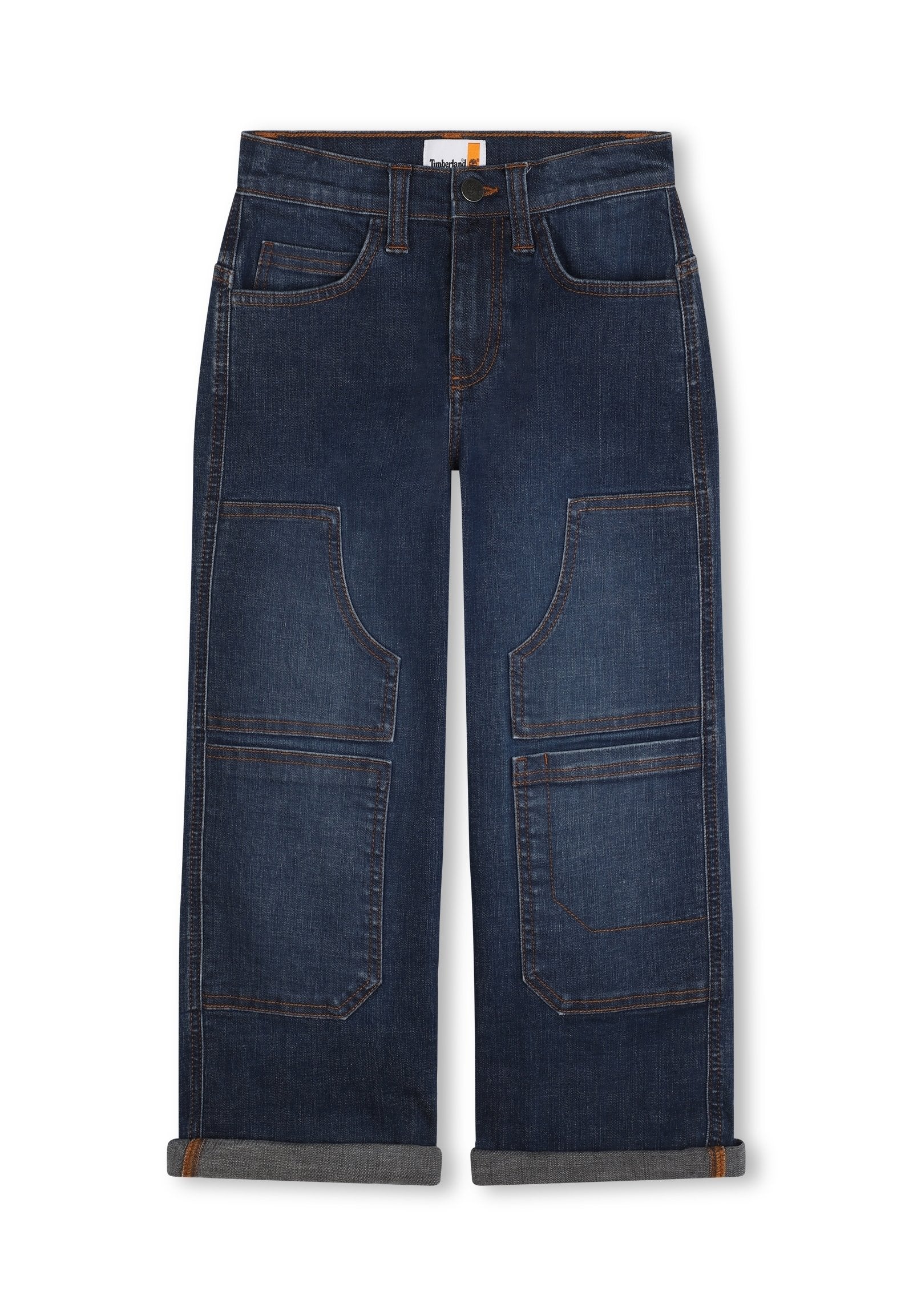 Dunkelblaue Denim-Hosen mit weitem Bein und hoher Taille, ausgestattet mit mehreren Taschen und umgeschlagenen Säumen, hervorgehoben durch kontrastierende Nähte.