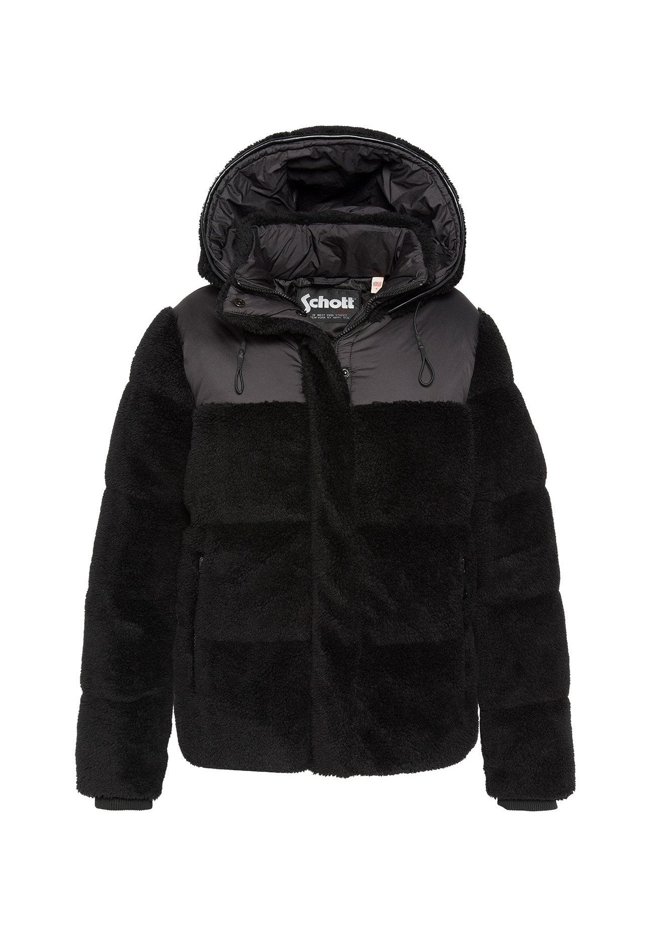 Schwarze Steppjacke mit weicher, strukturierter Pelzoberfläche. Ausgestattet mit Kapuze, Reißverschluss und kontrastierenden, glatten Einsätzen im oberen Bereich.