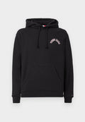 Schwarzer Hoodie aus einem Baumwollmix, mit einer Fronttasche, Rippbündchen und einem Logo in pinkem Text auf der linken Brustseite.